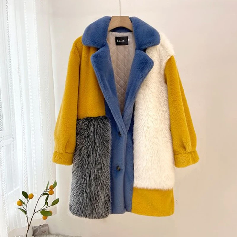 Autumn Winter Stitching Fur Jacket Women Overcoat Fashion Loose Imitation Rex Rabbit Fur Coat Outwear Thick Warm Parker Fur Coat