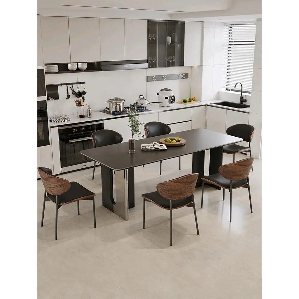 

Modern simple light luxury retro solid wood unshow steel rock slab dining table and chair combination