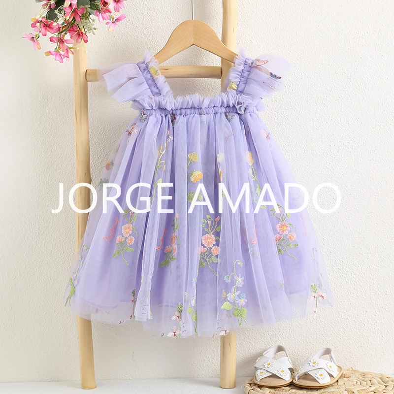 Blumenmädchen Tüll Prinzessin Kleid Sommer Ärmellos Niedliche Stickerei Mesh Kleider Kleinkind Hochzeit Geburtstag Party Kleidung A5988-1