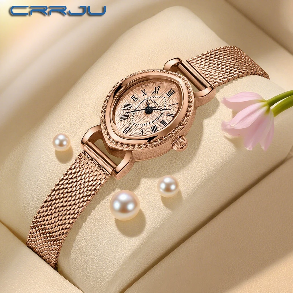 CRRJU Watch for Women Vintage Elegant Lucky Goddess Small Dial Mesh Belt Quartz Waterproof Women's Watch
