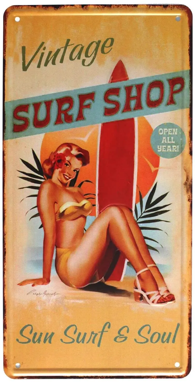 Surf Shop Sun Surfer Surfboard Retro Metal Tin Sign Plaque Poster Wall Decor Art Shabby Chic Gift