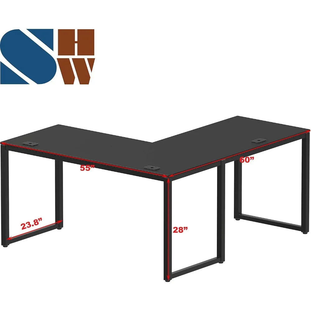 Mesa de computador de escritório de canto em forma de L de nível comercial de 55 x 60 polegadas, preta