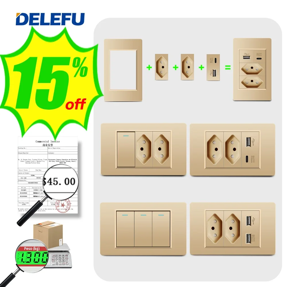 

DELEFU Gold Fireproof Material PC Panel Tpye-c USB Brazil Standard Wall Socket Package, 3gang Wall Switch, More Discounts.