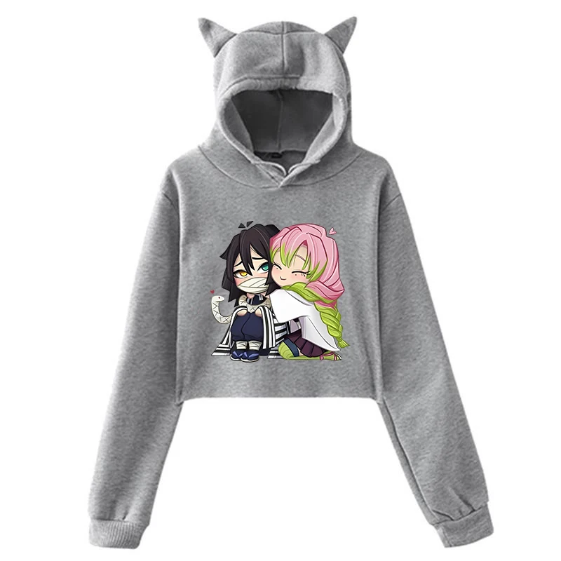 Funny Kanroji Mitsuri Iguro Obanai Cartoon Hoodie Fashion Women Girls Cat Ears Cropped Hoodie Female Casual Long Sleeve Pullover