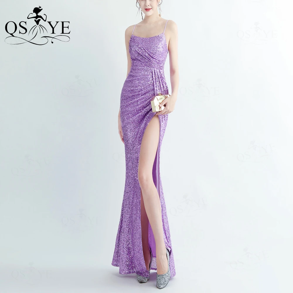 

Simple Purple Girl Prom Dresses Sequined Spaghetti Straps Lavender Evening Dress Ruched Open Split Sexy Party Gown