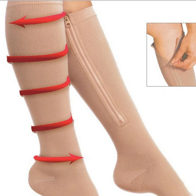 Flesh Color Sports Compression Zipper Socks Vein Stretch Socks