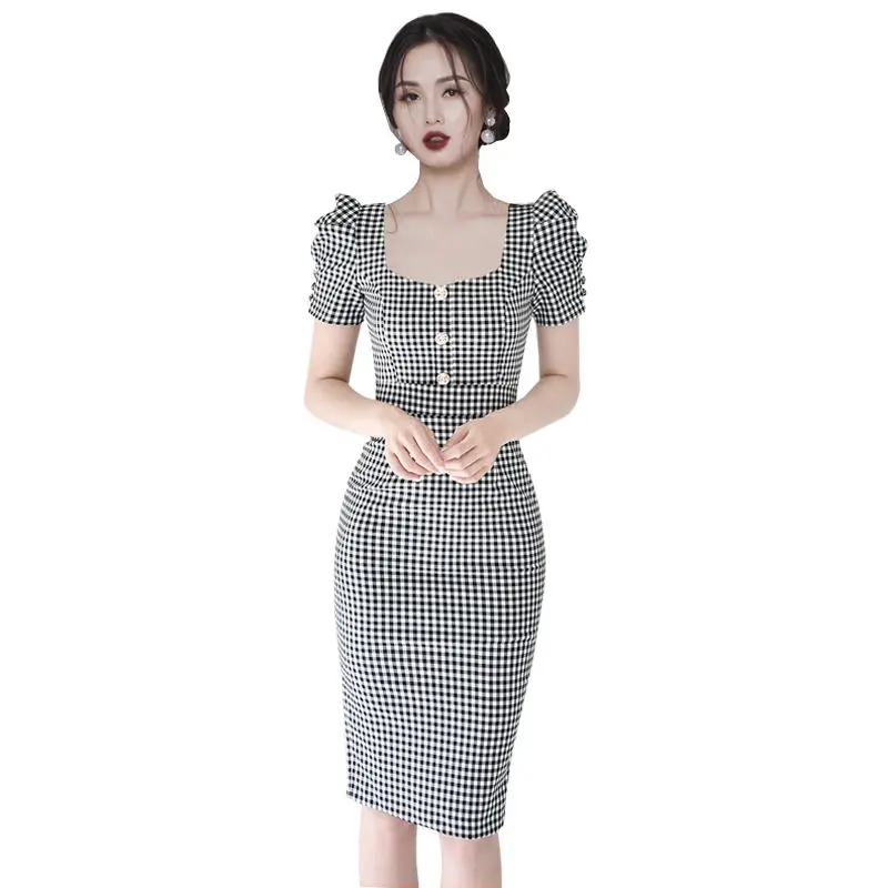 High End Professional Temperament Plaid Bubble Sleeve Dress 2024 Summer New Goddess Style Niche Light Luxury Wrap Hip Skirt