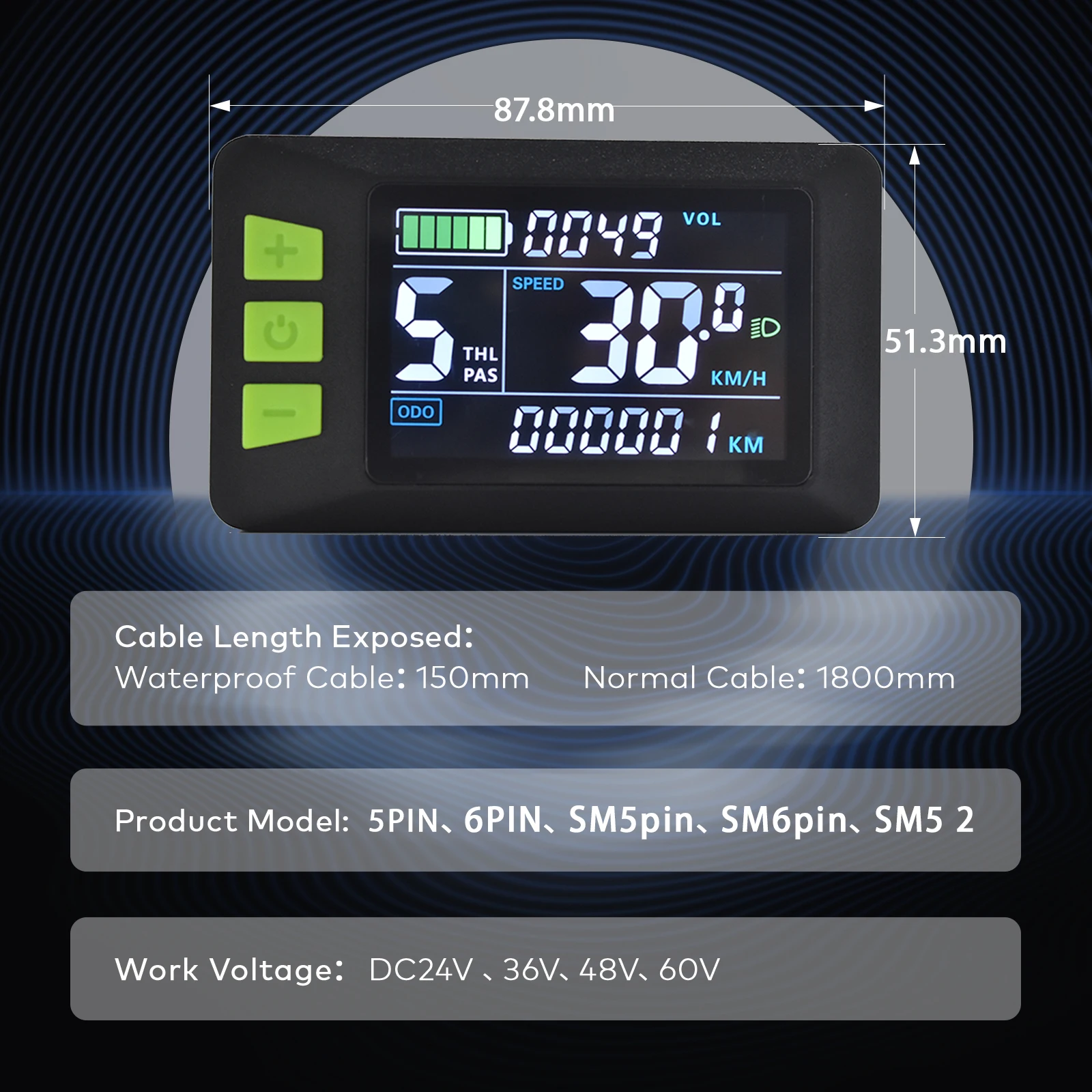 [Haytrix-US] 24/36/48/60V Electric Bike Power Display Meter Interface ABS Housing LCD Display Panel Electric Bike Accessories