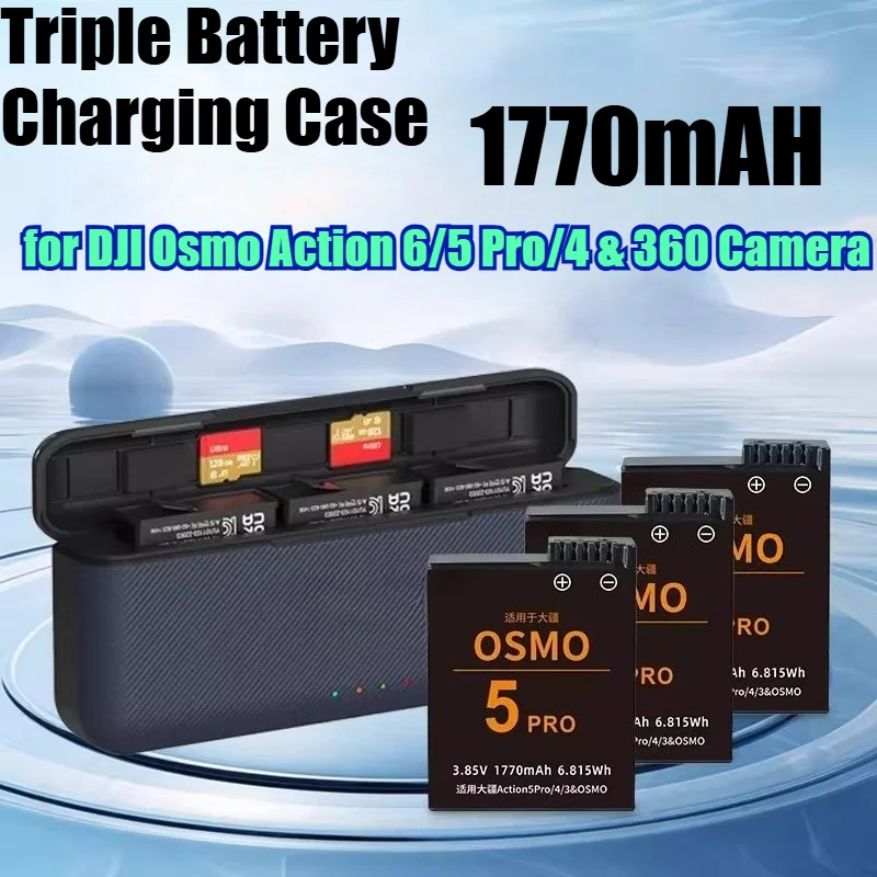 

1770mAh Low-Temperature Triple Battery Charging Case for DJI Osmo Action 6/5 Pro/4 & 360 Camera - Fast Charge Storage Box