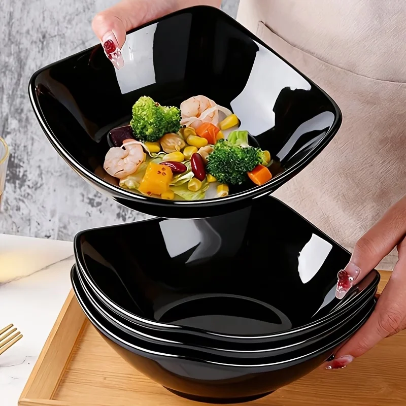 6-Piece Set - Black Plastic Square Bowls, Microwave and Dishwasher Safe, Suitable for Salads, Soups, Ramen, Oatmeal, Family Day