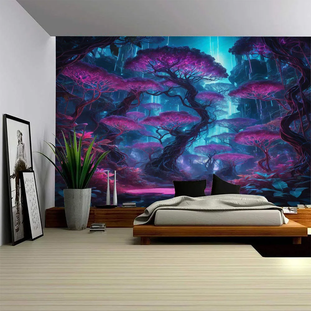 Psychedelic Forest Tapestry Mysterious Purple Tree Fairy Tale Style Wall Decor Polyester Background for Living Room Bedroom