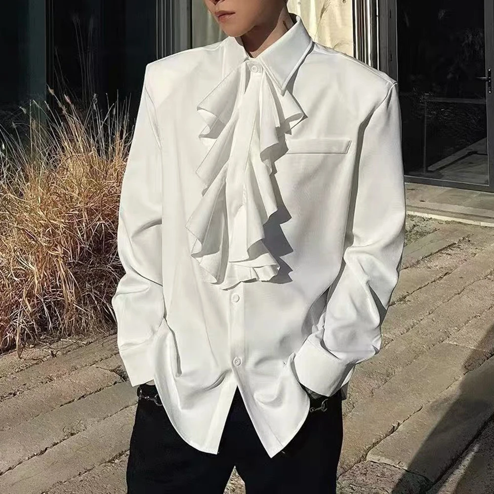 Men Ruffled Collar Vintage Shirt Autumn Streetwear Fashion Retro Elegant Top City Boy Lightweight Breath Long Sleeve Shirt 2026