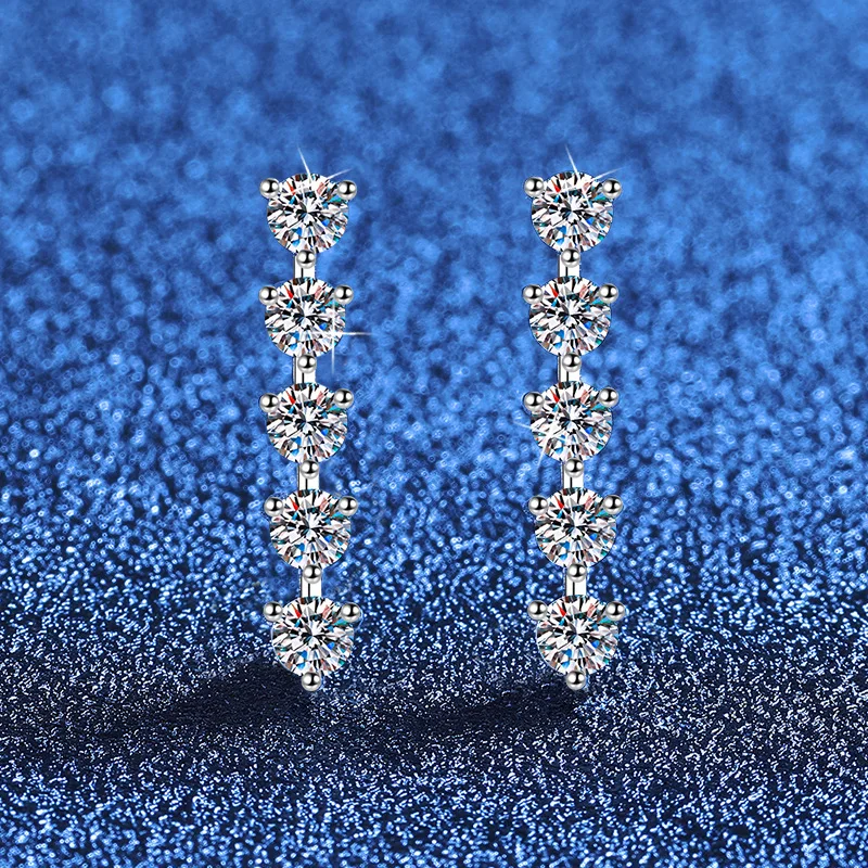 S925 Silver White Gold Plated 1CT D Color Moissanite Five-Star Fringe Stud Earrings for Women, Exquisite Jewelry.