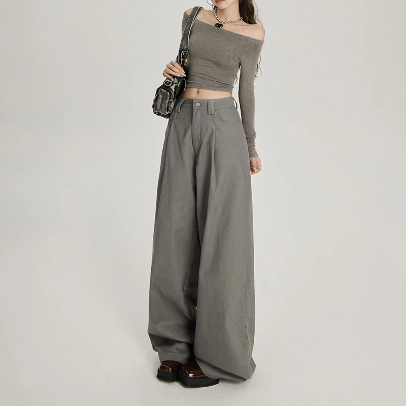 ZMAYC Women's Gray Pleated Wide Legs Suit Pants  Wide Leg High Waist Casual Korean Fashion Versatile Straight Casual Pants