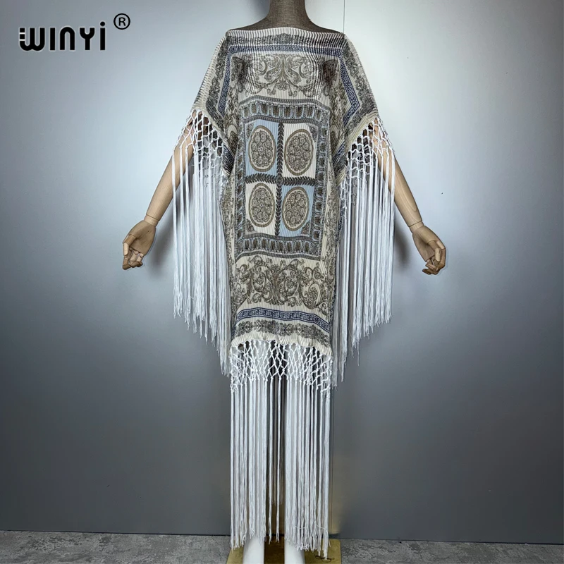 WINYI, vestido plisado de verano con flecos, caftán arrugado a la moda para mujer, bata bohemia holgada para vacaciones, vestido de noche elegante abaya de lujo de Dubái