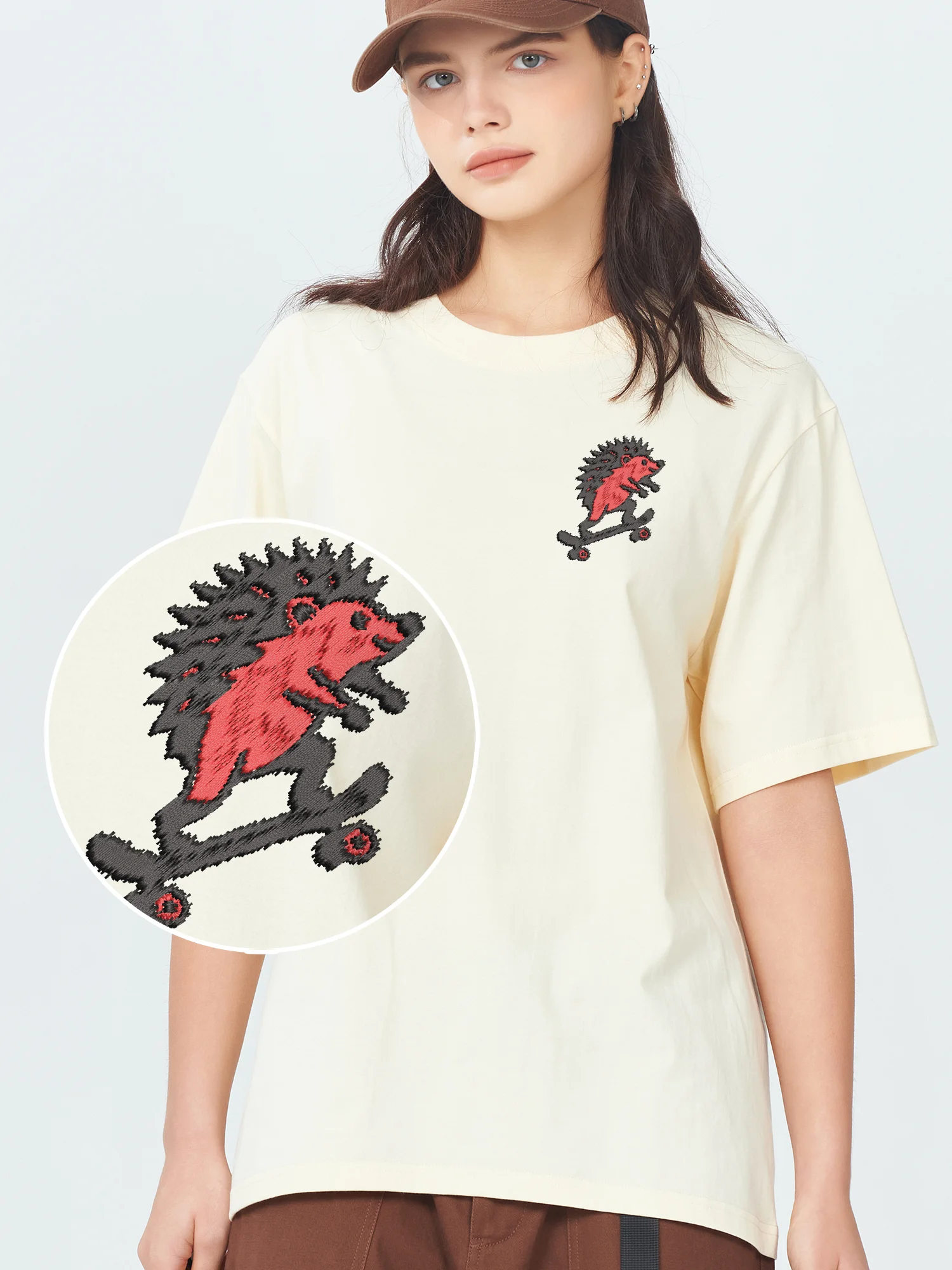 

Skateboard Hedgehog Embroidered Tshirts High Quality Unisex Women Men T-Shirt Leisure Breathable Summer Embroidery Tops