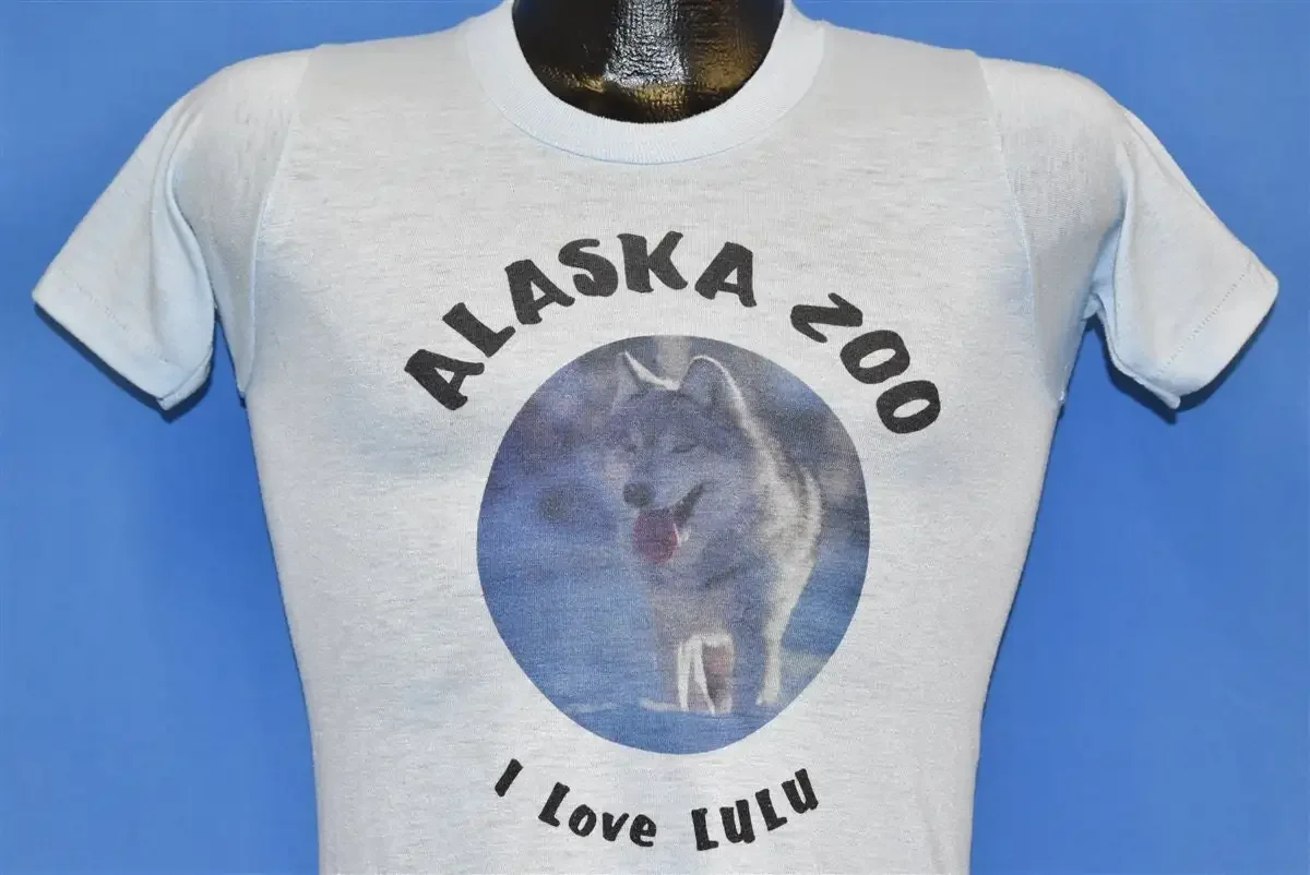 80er Jahre Alaska Zoo Anchorage I Love Lulu Wolf Blaues T-Shirt Extra Small Vintage T-Shirt