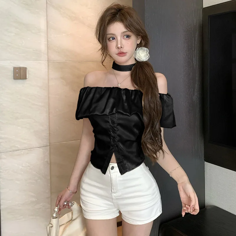 Hanging neck short sleeved Off shoulder lotus leaf edge split short shirt 2024 summer new women's clothing