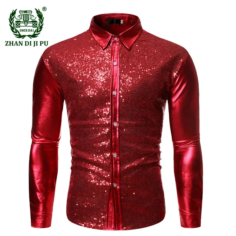 

Shiny Sequin Nightclub Shirt for Men Long Sleeve Slim Fit Party Wedding Glitter Men Dress Shirt Sexy Stage Singer Prom Costume