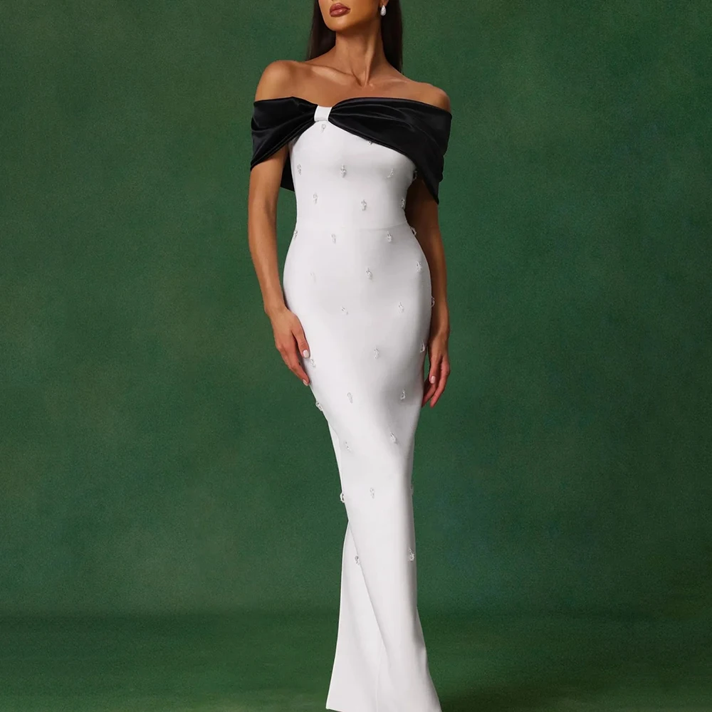 

Customized Off the Shoulder Sheath Jersey Evening Dress Sleeveless Contrast Color Backless Party Dress Crystal Floor Length Gown