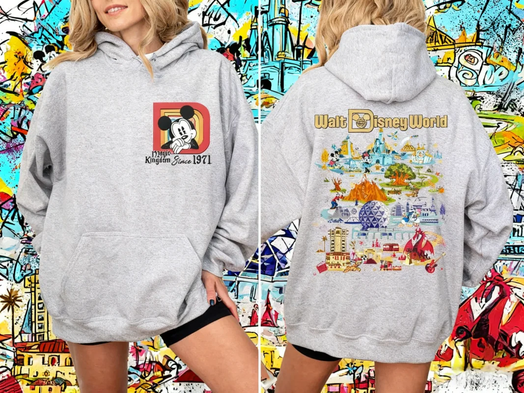 2025 الخريف/الشتاء والت ديزني وورلد بلوزات، ريترو ديزني وورلد ماجيك كينغدوم 1971 هوديس 100% القطن المطبوع هوديي