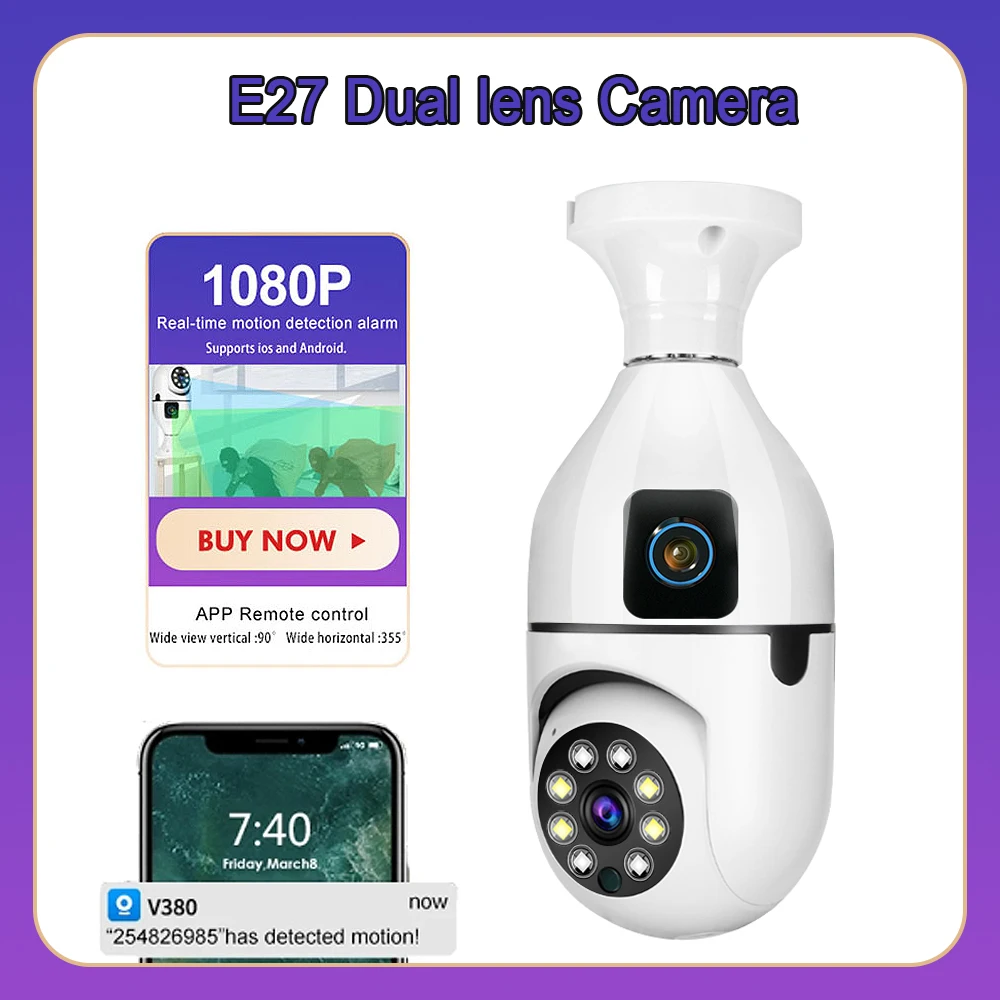 V380 Pro WiFi Camera E27 Dual-lens Wireless Smart Home Security Camera 1080P 4K 360 Degree Security Infrared Night Vision CCTV