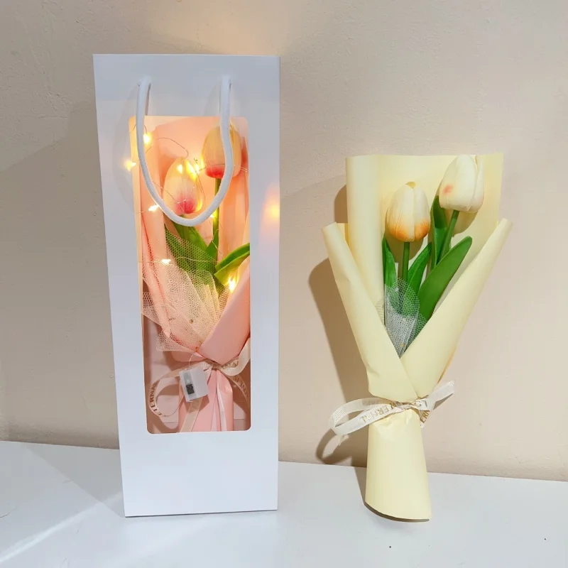 Flowers Puff With Light Strings Handmade Teacher's Day Valentine's Day Gift  Creative Hand-held Tulip Bouquet Flowers Crochet