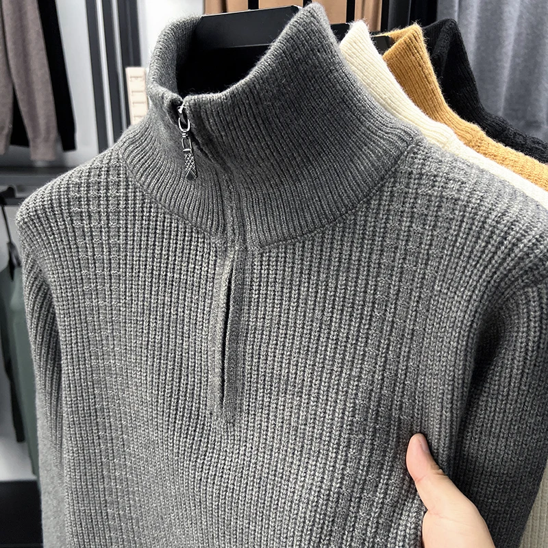 High Quality Warm Knit Sweater Men New Luxury Half Zipper High Neck Autumn Winter Simple Solid Color Casual Versatile Pullover