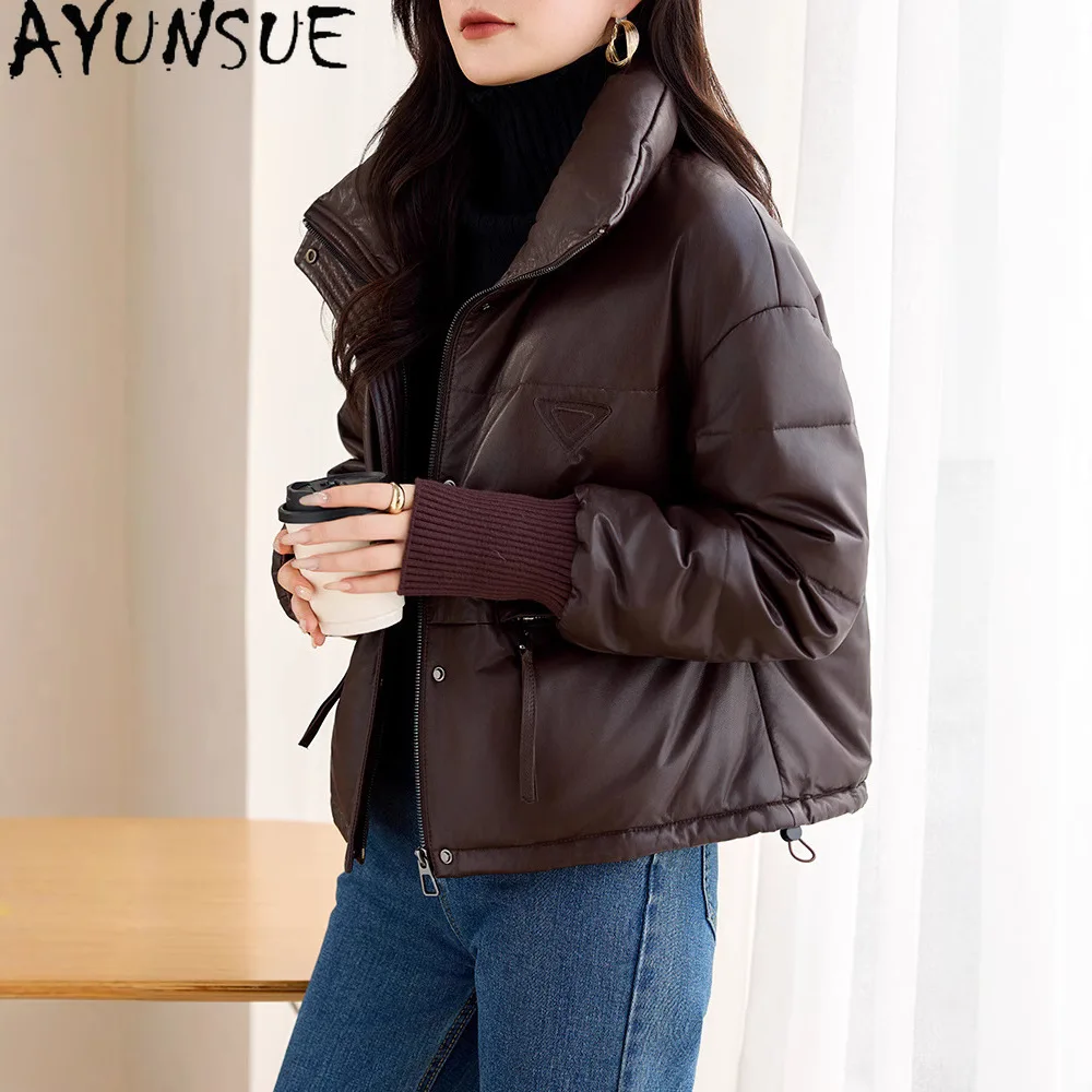AYUNSUE Real Sheepskin Genuine Leather Jacket Women 2025 Winter Clothes Short Style White Goose Down Womens Coat Loose Fit