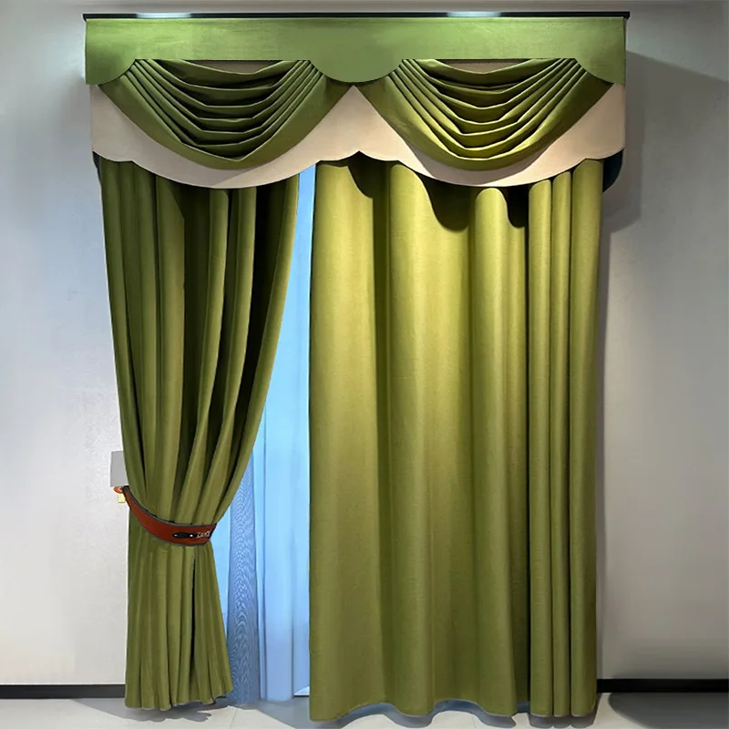 Custom Upscale Nordic bedroom simple modern living room green velvet  cloth blackout curtain tulle valance drape C1786