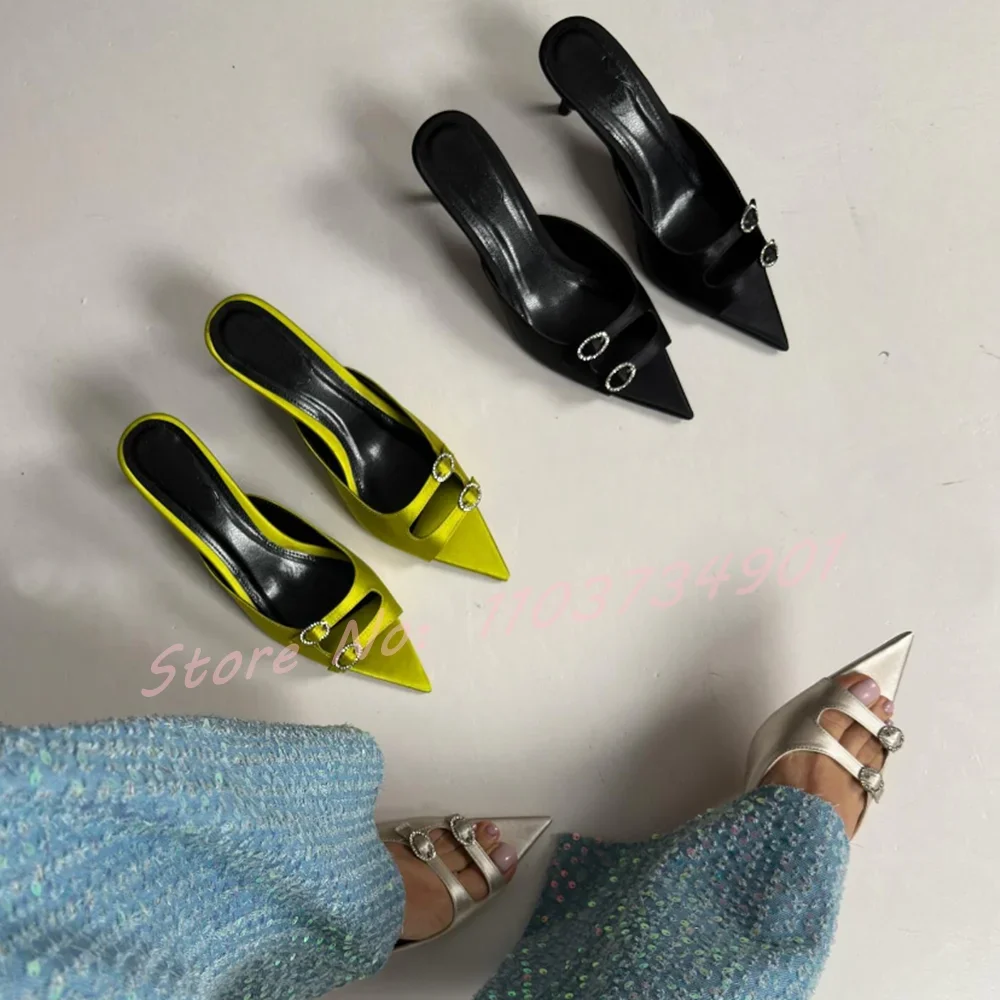 Green Satin Crystals Buckle Pointed Toe Slippers Female Fashion Outdoor High Heels Mules Women Elegant Party Peep Toe Slippers