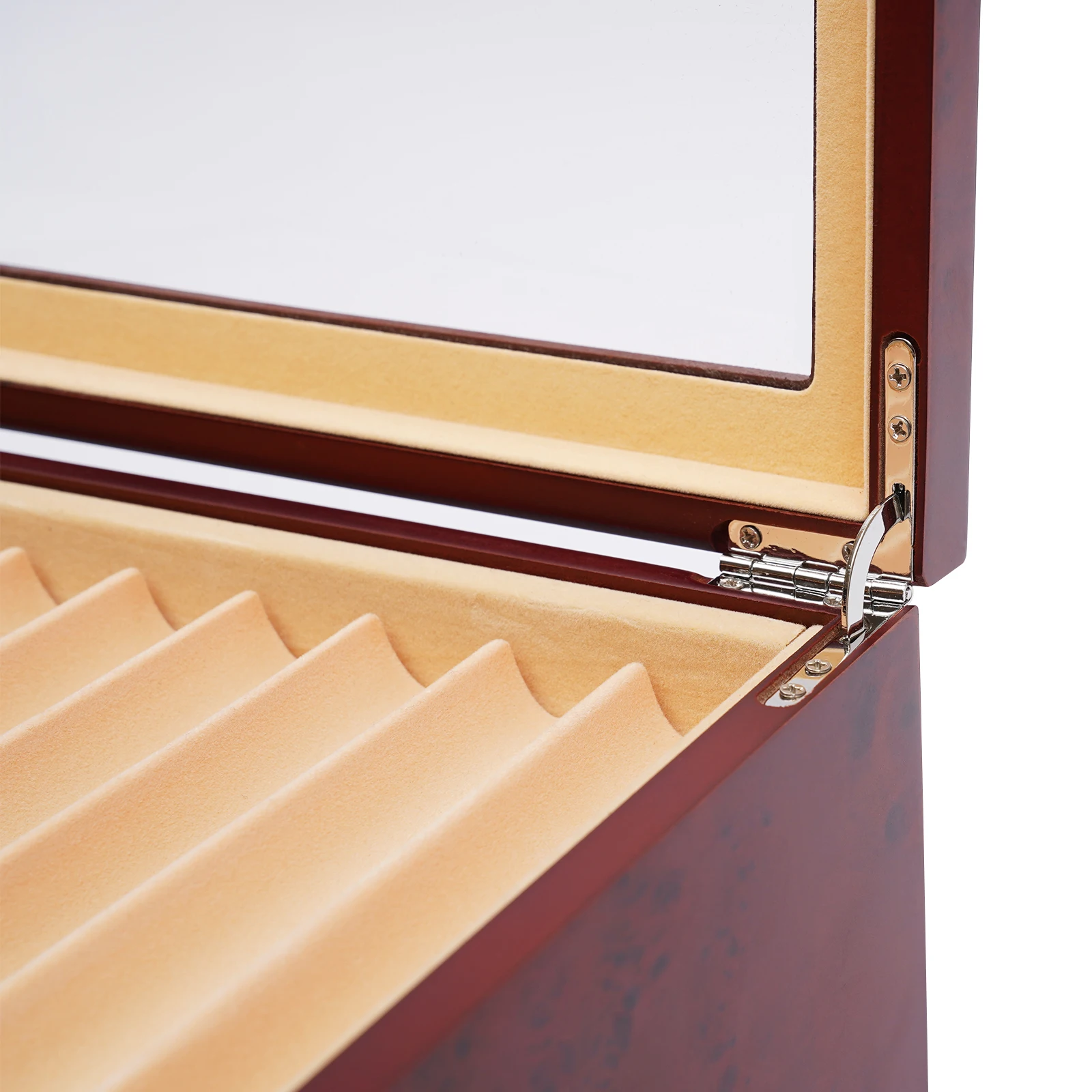صندوق عرض أقلام خشبي أحمر مكون من 3 طبقات مكون من 34 فتحة، وبطانة مخملية من خشب الورد - غطاء زجاجي شفاف، طراز قديم لهواة الجمع