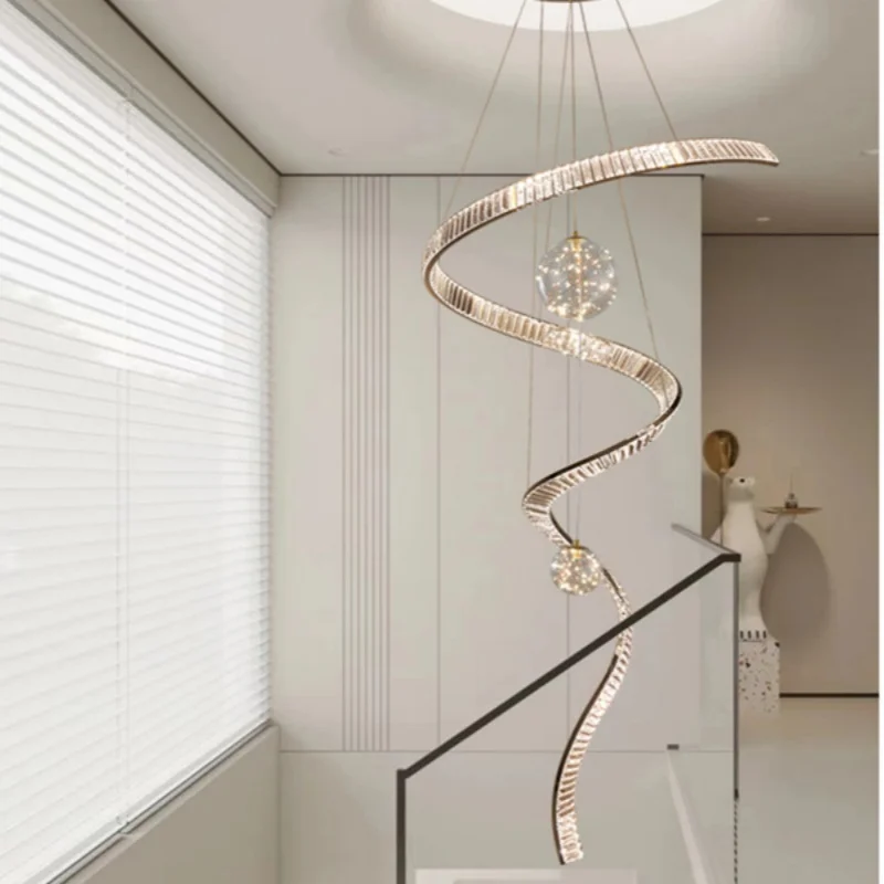 

Villa High Ceiling Living Room Ribbon Chandelier Duplex Apartment Spiral Staircase Luxury Crystal Pendant Lamp Art Decor Light