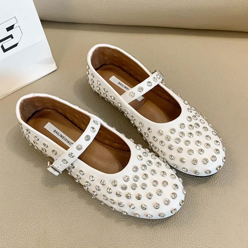 European American Women Fashion Diamond Studded Mary Jane Single Shoes Casual Flat Bottomed Round Toe Buckle Designer Shoes