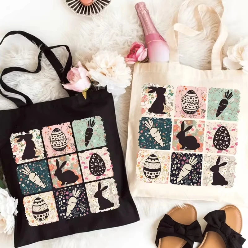 

Easter Bunny Canvas Tote Bag, Large Capacity, Durable Handbag with Rabbit and Easter Eggs Print, , for Outdoor Picnic and Party