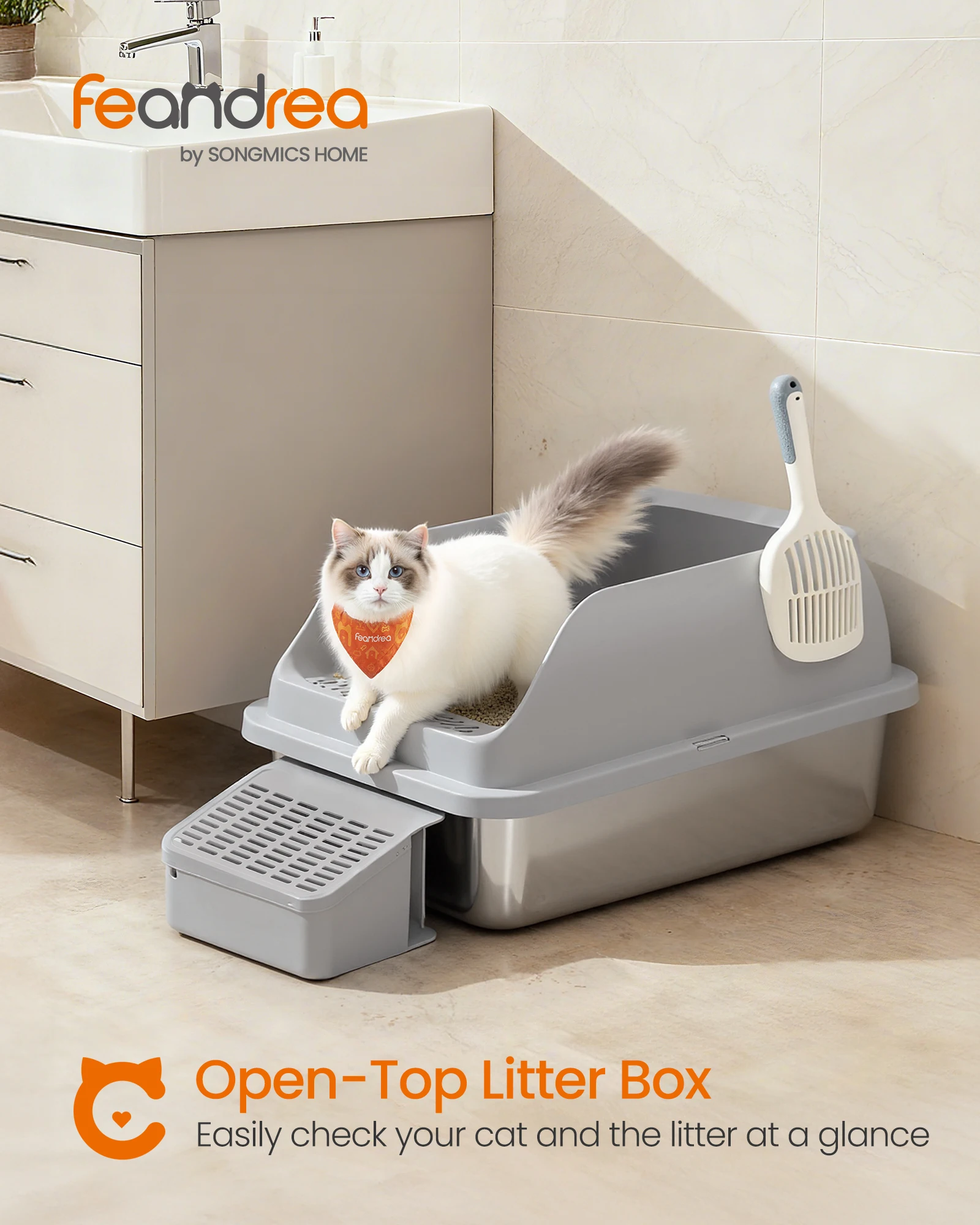 Feandrea Edelstahl-Katzenklo mit Offenem Oberteil, Hochseitige Katzentoilette mit Stufe, Schaufel, Bürste, für Katzen bis zu 15 kg