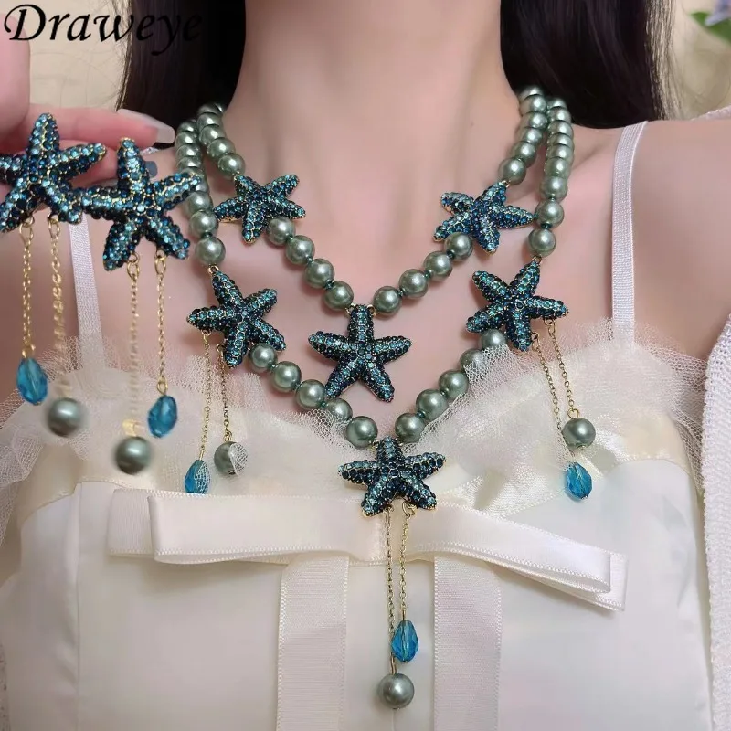 Draweye Starfish Earrings for Women Pearls Hyperbole Tassels Vintage Jewelry Korean Fashion Crystal Pendientes Mujer