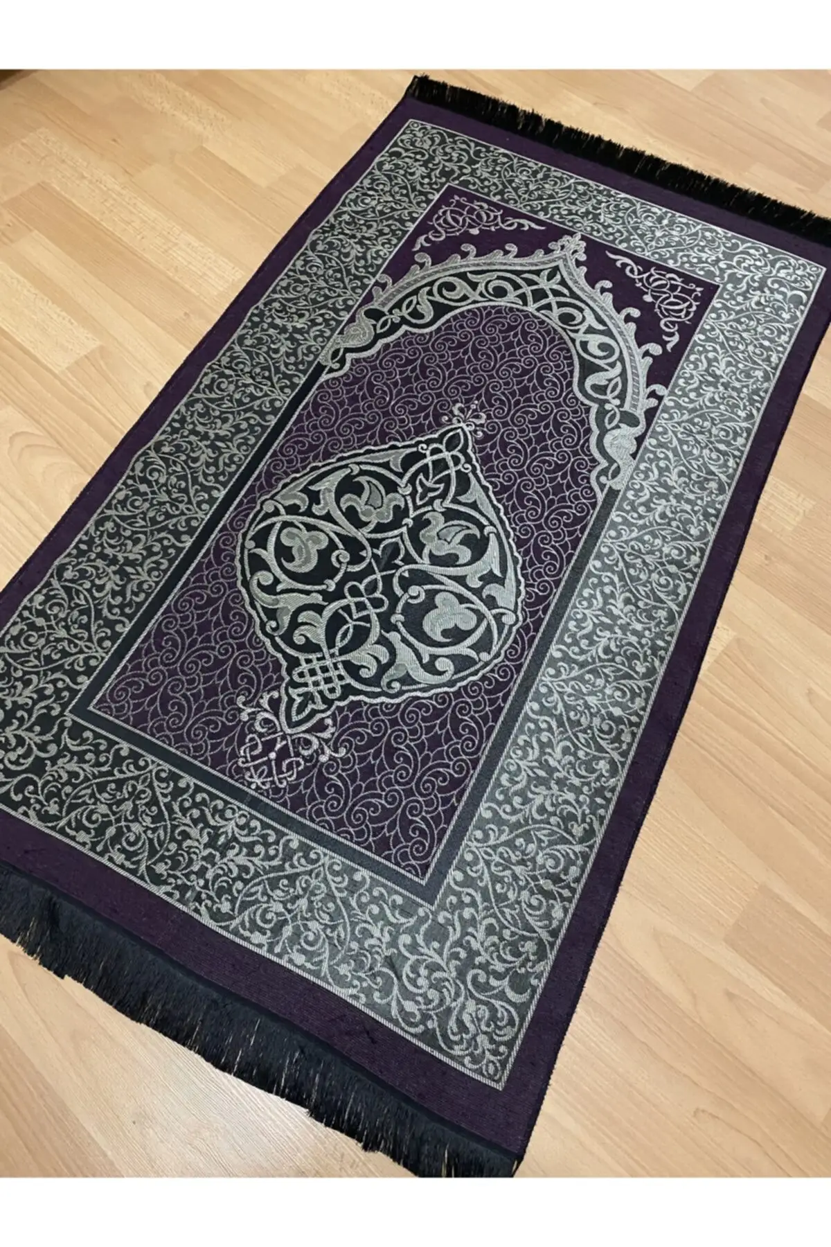 

Wooden flower gift with full fringed gift boho purple prayer Rug Meditation Rug