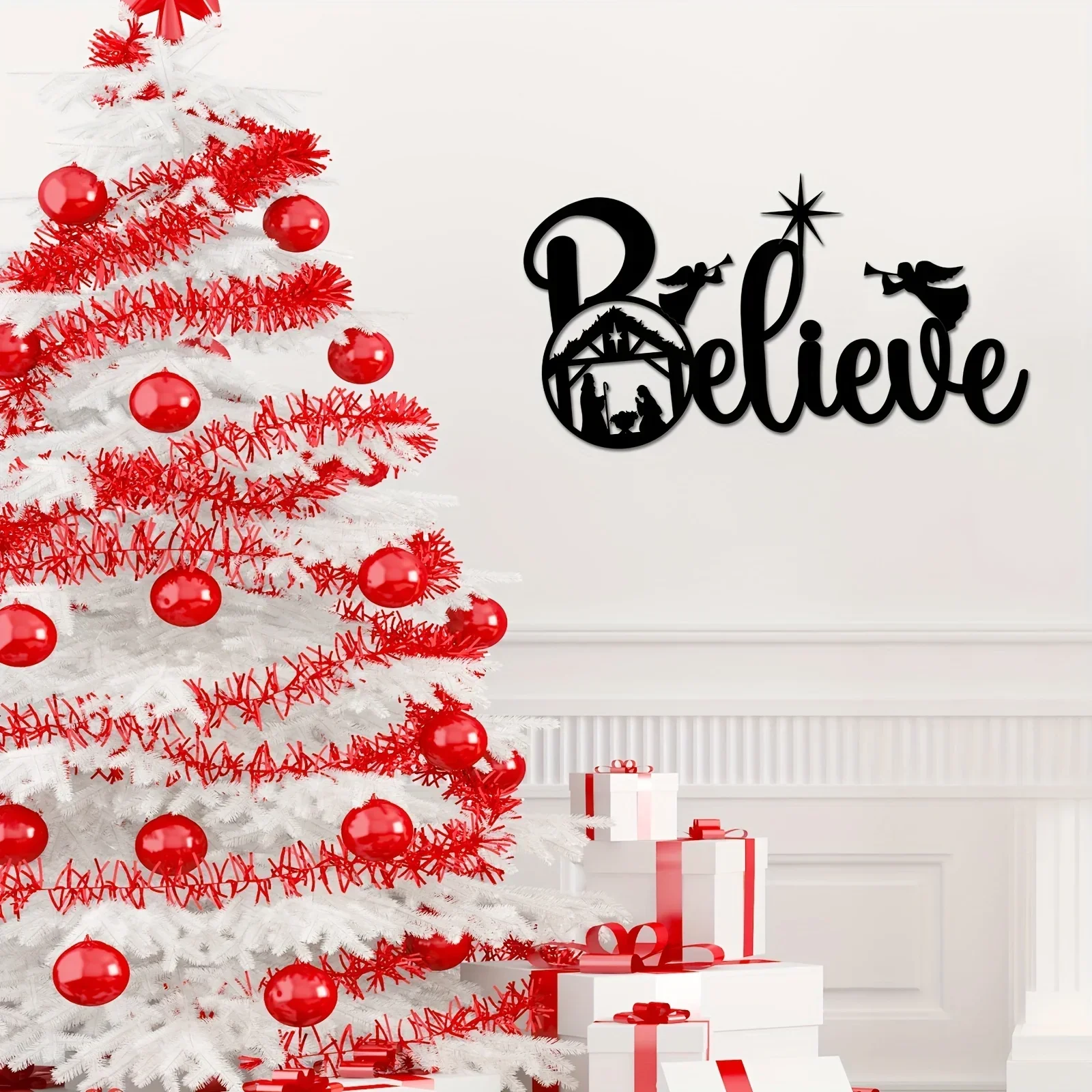 

1pc "Believe" Nativity Metal Wall Decor, Nativity Metal Wall Hanging Decor Christmas Decor,Silhouette Wall Art