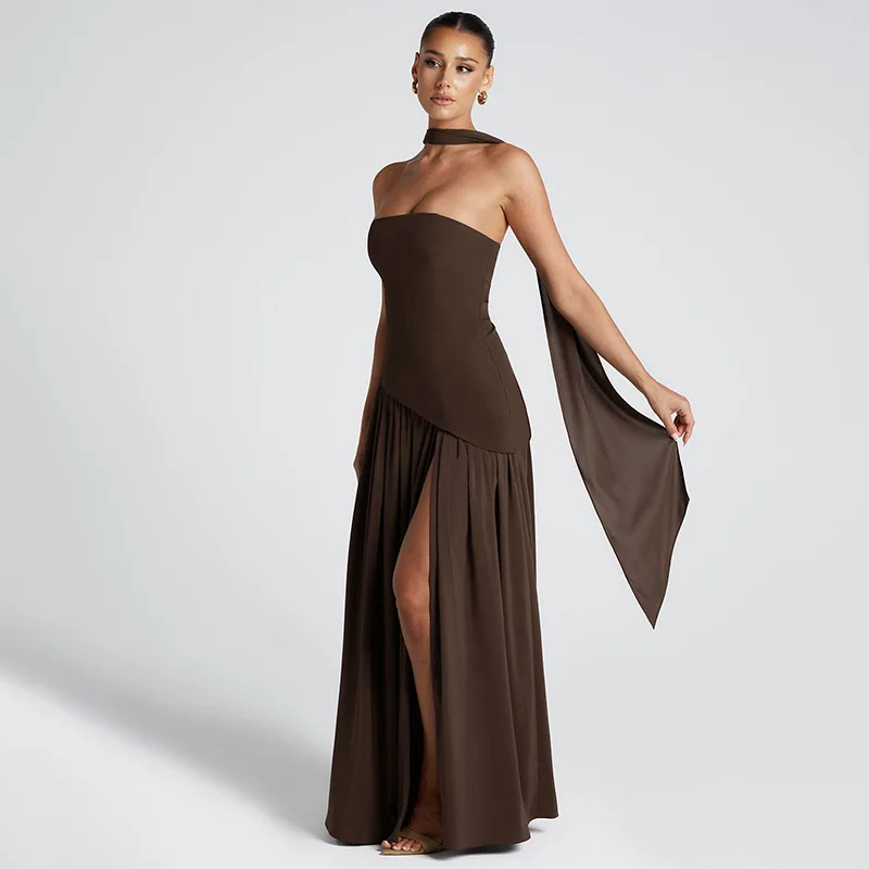 Ele Midi Wrap Dr للنساء سليم صالح اللون الجانب الشق Bal Faionable Strapl ثوب عبر الحدود جديد Sle