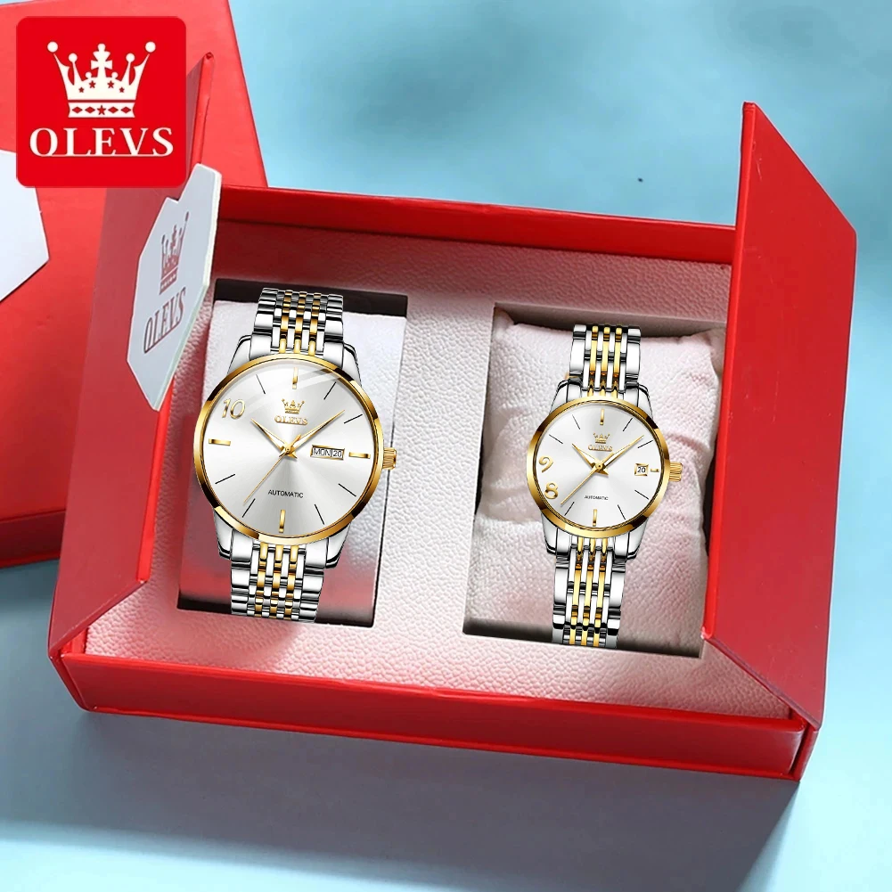 OLEVS Couple Watch Automatic Mechanical Wrist Watch Men Women Luxury Waterproof Watches for Lovers His or Hers Watch Set Gifts