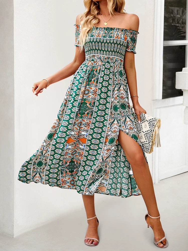 Boho Lange Jurk Vrouwen Zomer Print Korte Mouw Vakantiejurken Dames Sexy Off Shoulder Strandjurk Dames Bandage Vestidos