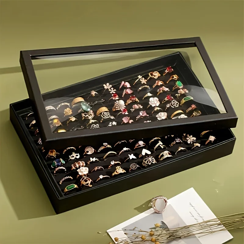 100-Slot Jewelry Organizer Box with Transparent Lid - Dustproof Display Case for Rings,ent Use