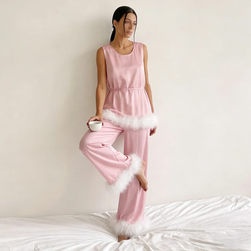 

Hiloc Casual Satin Pink With Feather Pants Set Pajamas For Women Casual Summer O Neck Tank Top With Loose Trousers 2 Piece Sets