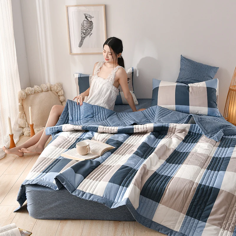 1PC Reversible Blue Grey Buffalo Plaid Summer Quilt Double Sided Soft Washable Lightweight Air Conditioning Comforter