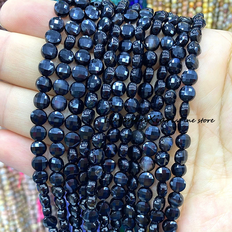 6mm Faceted Flat Round Natural Stone Black Agate Loose Coin Spacer Beads for Jewelry Making Diy Bracelet Charms Accessories