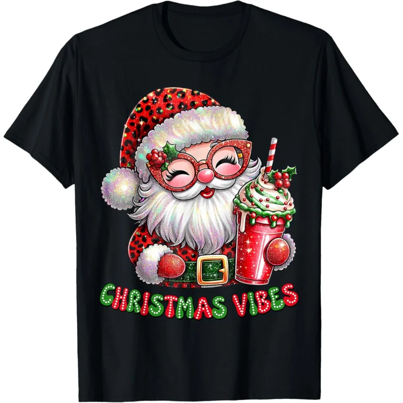 Groovy Santa Claus Drinking Christmas Vibes Womens Girl T-Shirt