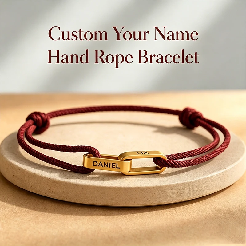 

Personalized Double Hoops 2 Names Stainless Steel Bracelets Adjustable Weave Rope Couples Bracelet for Man Fathers Day Gift