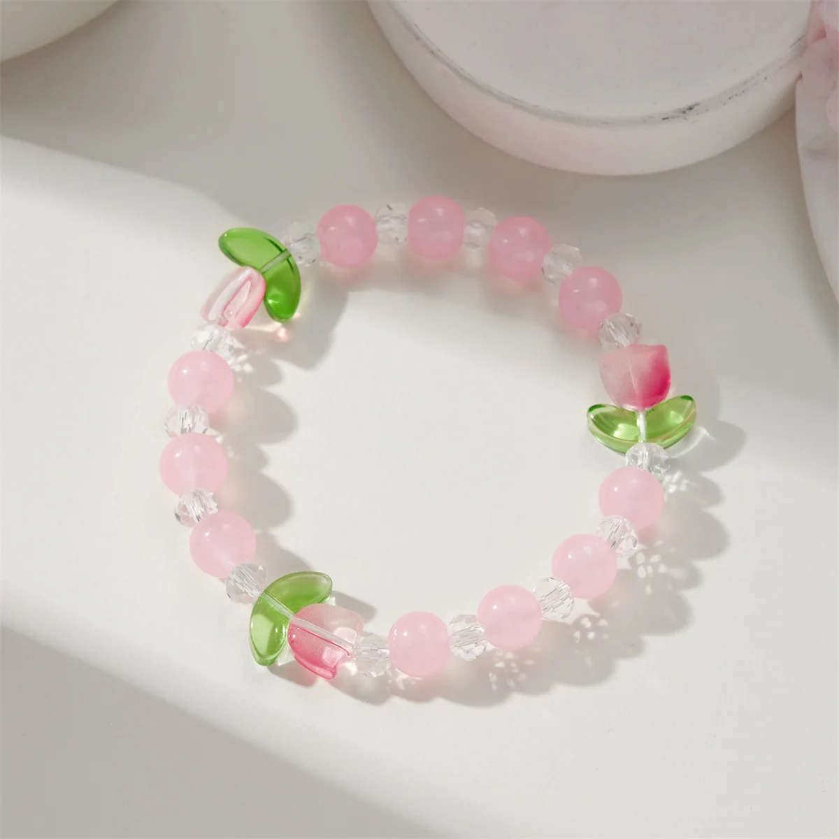 Sweet Vintage Imitation Pearl Lily Tulip Flower Bracelets For Women Elegant Candy Color Resin Floral Elastic Bracelet Jewelry