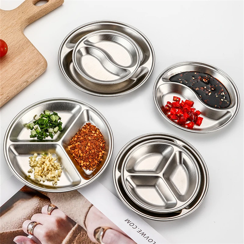 Stainless Steel Korean Sauce Dish Round Seasoning Serving Tray Soy Sauce Spice Condiment Dipping Plate Hotpot Barbecue Tableware